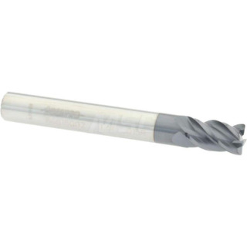 Accupro 1/4 Diam 4 Flute Solid Carbide 0.015 Corner Radius End Mill AlTiN Finish, 2 OAL, 3/8 LOC, 1/4 Shank Diam, 40 Helix, RH Cut, RH Flute, Centercutting 12182811 – 86818002