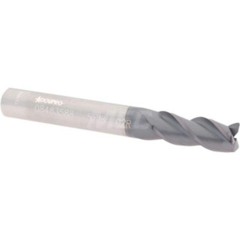 Accupro 5/16 Diam 3 Flute Solid Carbide 0.02 Corner Radius End Mill AlTiN Finish, 2-1/2 OAL, 3/4 LOC, 5/16 Shank Diam, 40 Helix, RH Cut, RH Flute, Centercutting 12181999 – 08483588