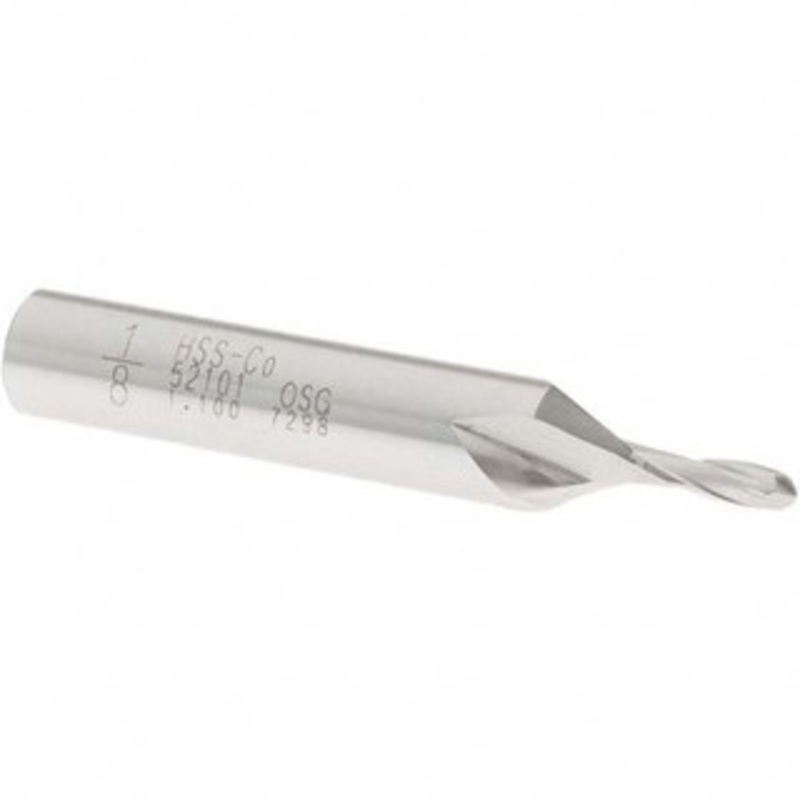 OSG 1/8 Diam, 3/8 LOC, 2 Flute Cobalt Ball End Mill Uncoated, Single End, 2-5/16 OAL, 3/8 Shank Diam, Spiral Flute 5210100 – 75028084