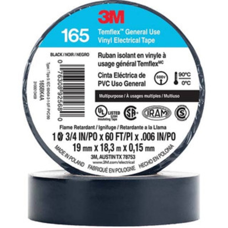 3M Electrical Tape, Width (Inch): 0.75, Length Range: 20 and Larger, Color: Black, Material Type: Vinyl, Length (Feet): 60.000, Length (yd): 20.00 7100169254 – 14253801