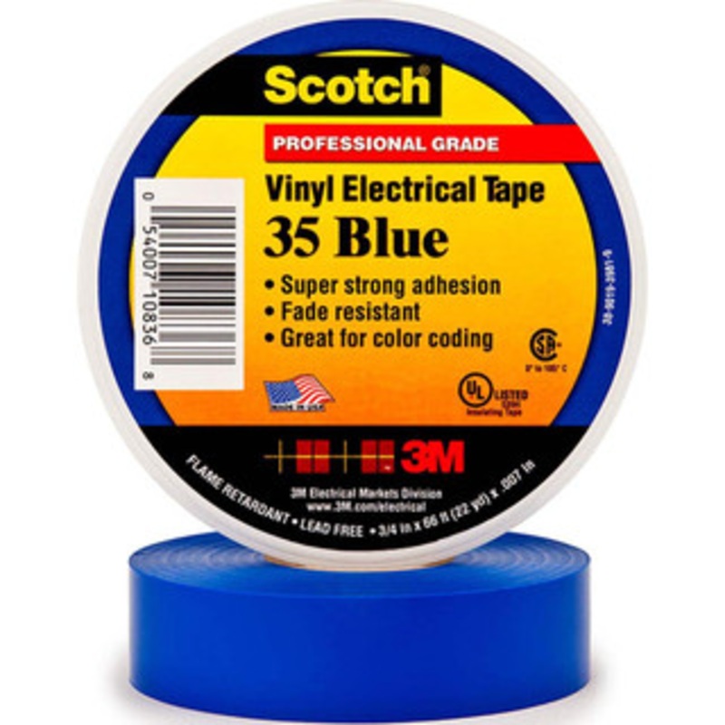 3M 1/2 x 20 ft. x 7 mil Blue Vinyl Electrical Tape Rubber Adhesive, 32 to 220F, 1,250 V/mil, Series 35 7000132637 – 54041181