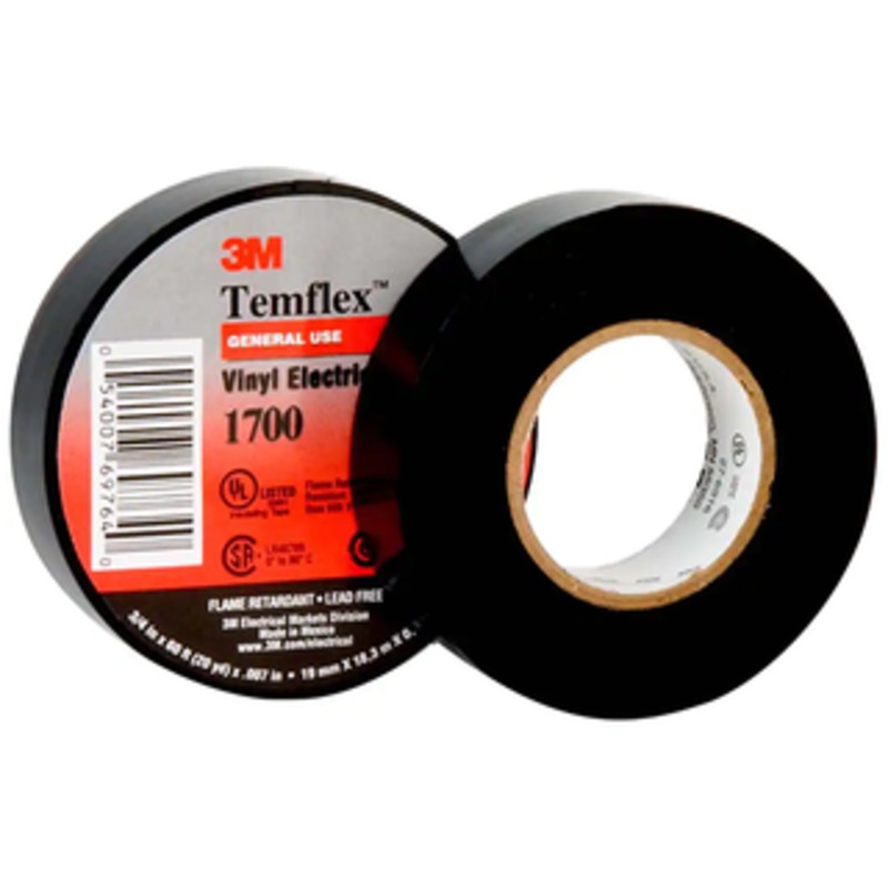 3M 1 x 66 ft. x 7 mil Black Vinyl Electrical Tape Rubber Adhesive, 32 to 176F, 1000 V/mil, Series 1700 7000132902 – 77654044