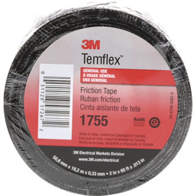 3M Glass Cloth Tape, Width (Inch): 2, Material Type: Cotton, Color: Black, Adhesive Material: Rubber, Series: 1755, Thickness (mil): 13 00051128572672 – 18972059