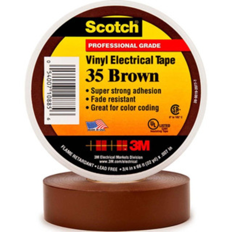 3M 1/2 x 20 ft. x 7 mil Brown Vinyl Electrical Tape Rubber Adhesive, 32 to 220F, 1,250 V/mil, Series 35 7000132638 – 54041207