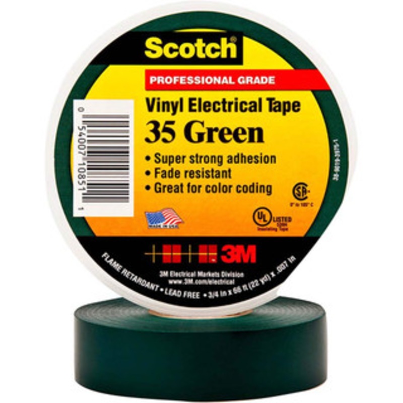 3M 1/2 x 20 ft. x 7 mil Green Vinyl Electrical Tape Rubber Adhesive, 32 to 220F, 1,250 V/mil, Series 35 7000132639 – 54041264