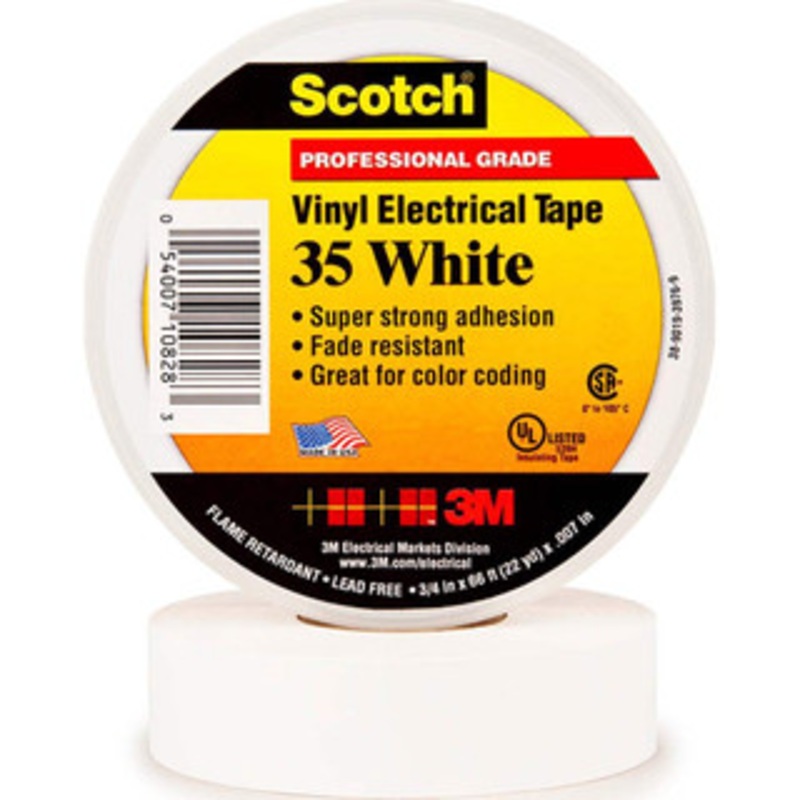3M 1/2 x 20 ft. x 7 mil White Vinyl Electrical Tape Rubber Adhesive, 32 to 220F, 1,250 V/mil, Series 35 7000058436 – 54041504