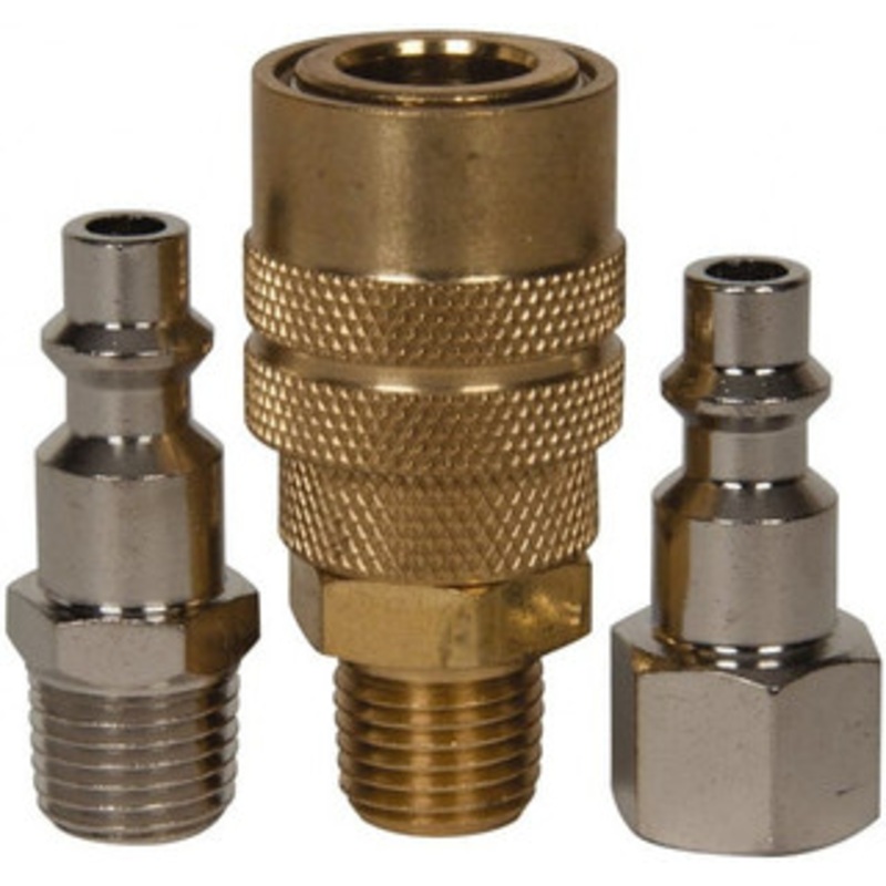Value Collection 3 Piece 1/4 Body 1/4 NPT 145 psi Industrial Pneumatic Coupling Plug Set Contains 1 Male Coupler, 1 Female Connector, 1 Male Connector 2411551041JP – 80219611