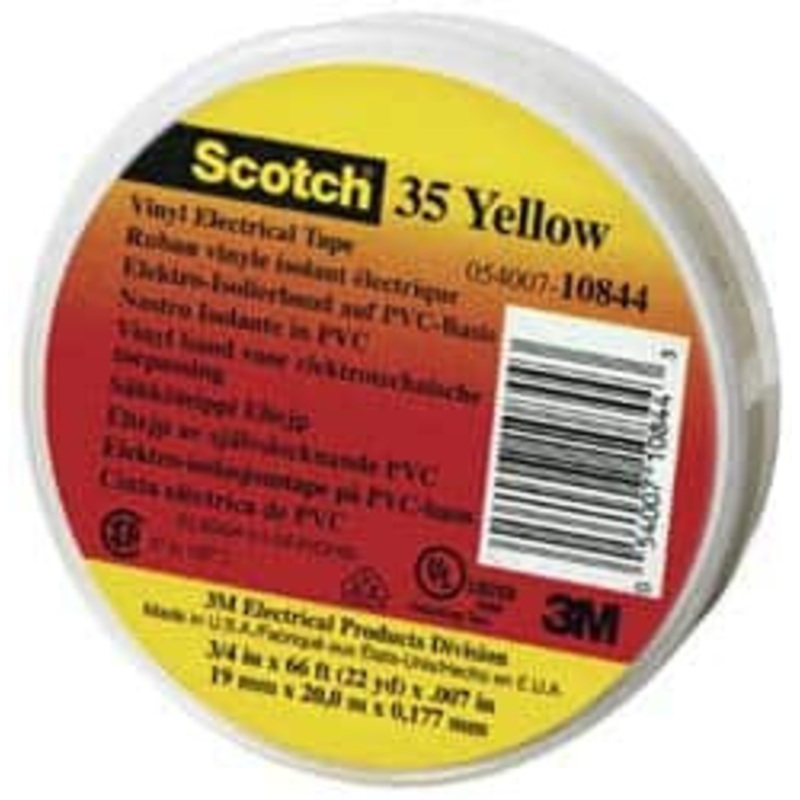 3M 1/2 x 20 ft. x 7 mil Yellow Vinyl Electrical Tape Rubber Adhesive, 32 to 220F, 1,250 V/mil, Series 35 7000058435 – 54041538