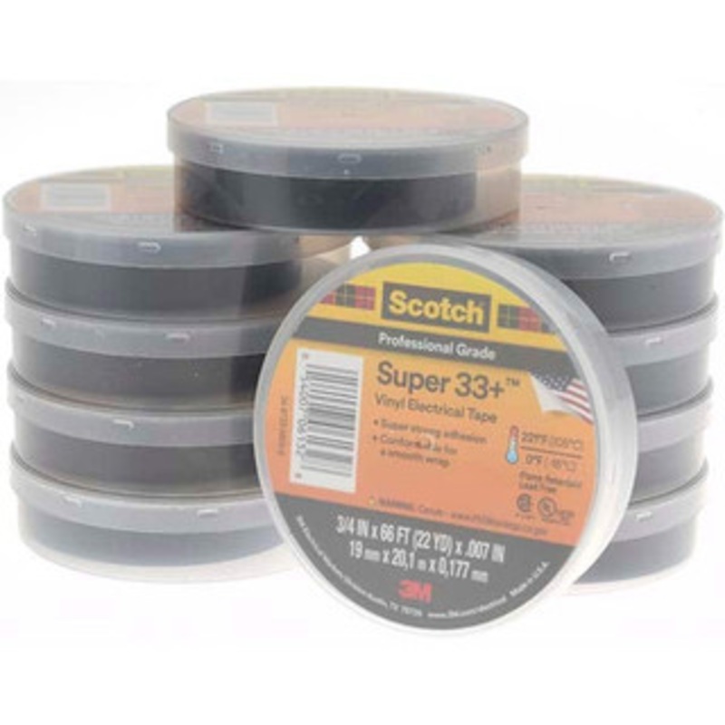 3M 3/4 x 66 ft. x 7 mil Black Vinyl Electrical Tape Rubber Adhesive, 0 to 220F, 1,150 V/mil, Series 33+ BD-21485-10 – 53620449