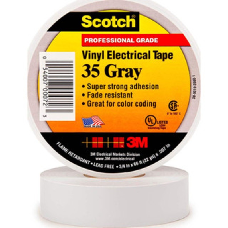 3M 1/2 x 20 ft. x 7 mil Gray Vinyl Electrical Tape Rubber Adhesive, 32 to 220F, 1,250 V/mil, Series 35 7000132640 – 54041249