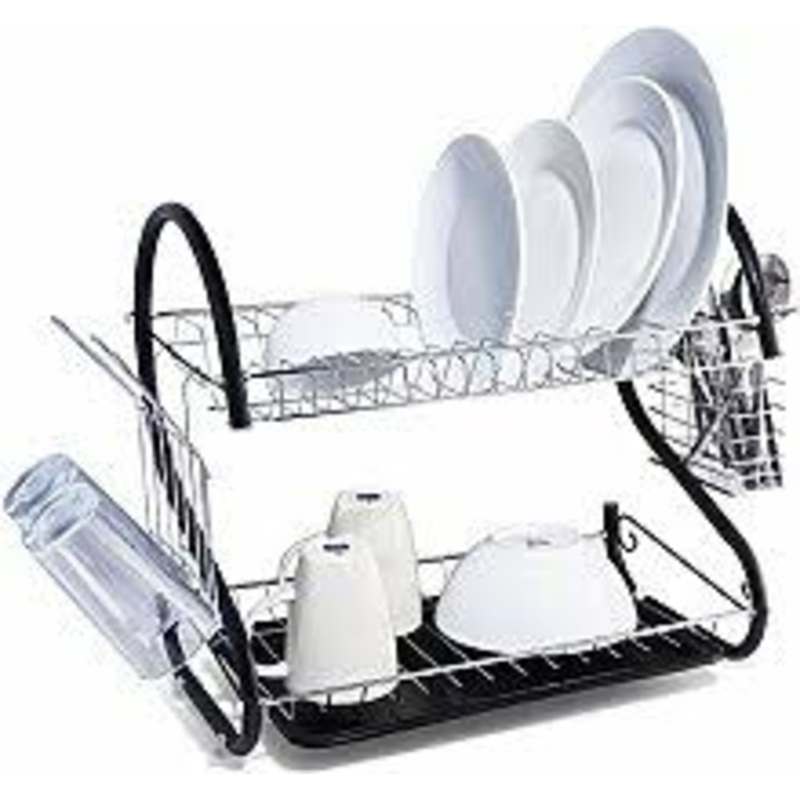2 Tier Dish Drainer Rack With Cutlery Rack Holds Plates Mugs Cups Anti Slip Black Finish 9180 (Parcel Rate)