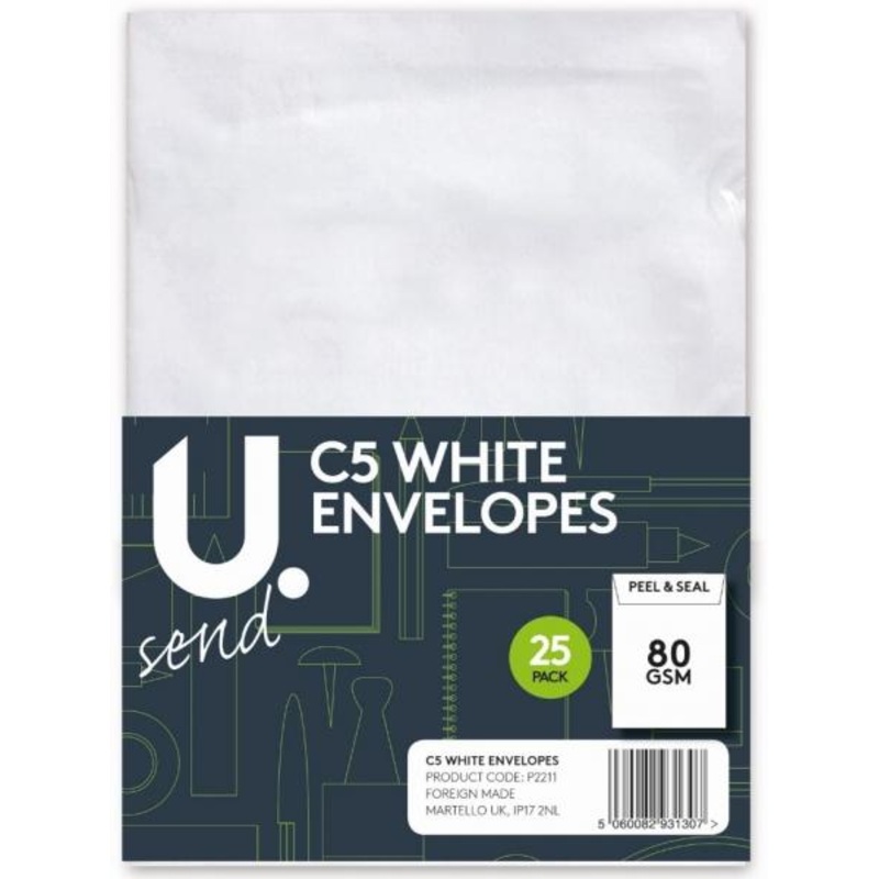 C5 White Envelopes Office Supplies Peel and Seal Envelopes 25 Pack P2211 (Parcel Rate)