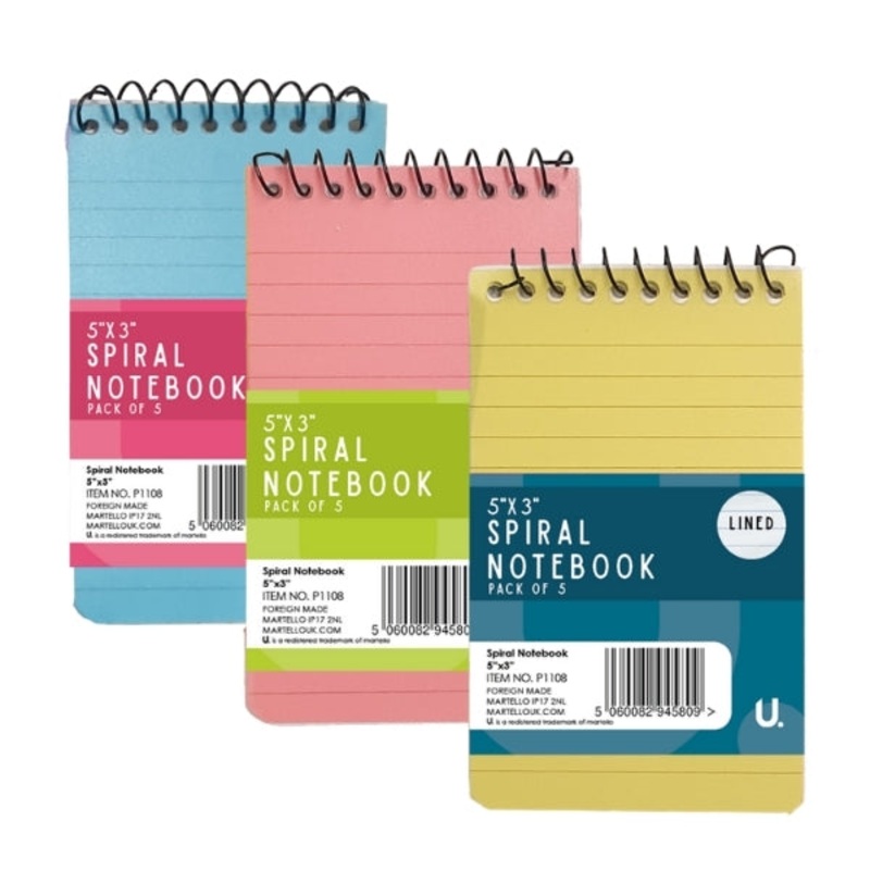 Spiral Notebook 5″ x 3″ Pack of 5 Assorted Colours P1108 (Parcel Rate)