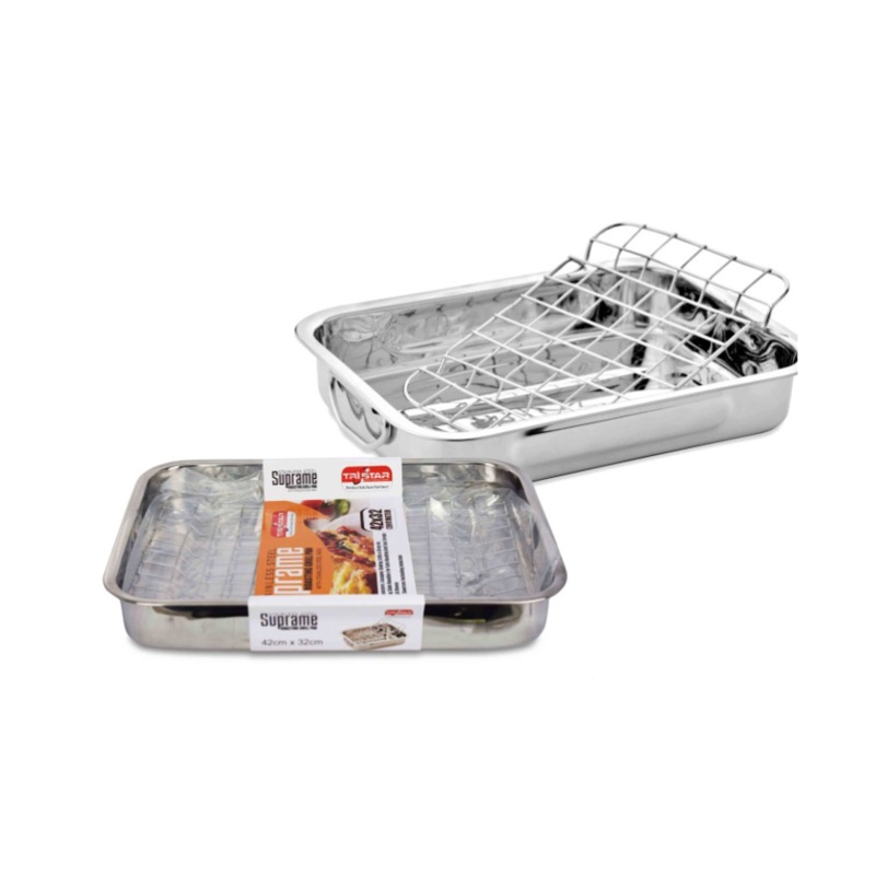 Stainless Steel Roasting Lasagne Tray Grill Pan with Handless and Rack 42 x 32 cm TS34612 / 31746 (Parcel Rate)