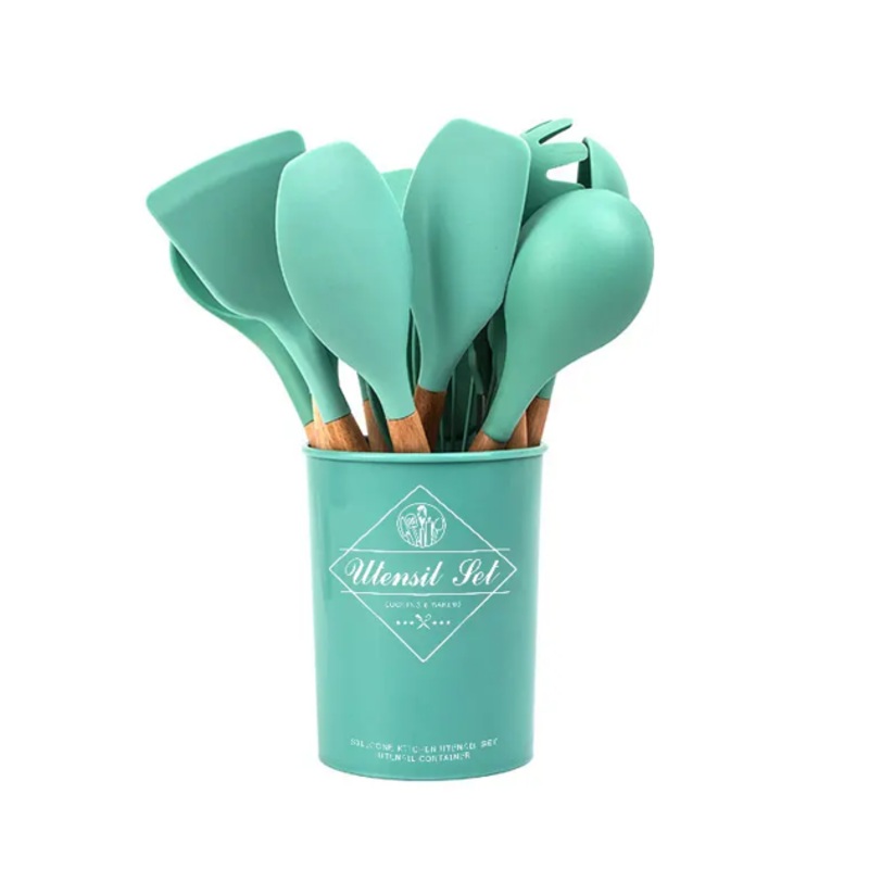 Silicone Assorted Kitchen Cooking Utensils with Plastic Holder Set of 12 Assorted Colours 7293 (Parcel Rate)