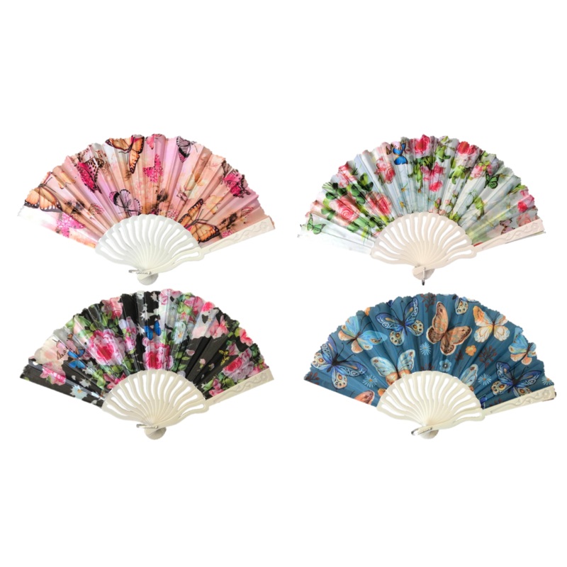 Plastic Chinese Folding Hand Fan Butterfly Floral Design 23 x 38 cm Assorted Colours 7349 (Parcel Rate)