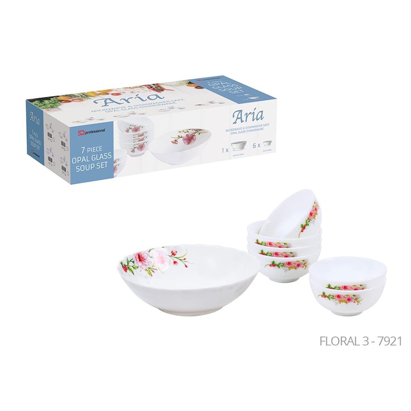 Aria Opal Glass Soup Set of 7 White Pink Floral 7921 (Big Parcel Rate)