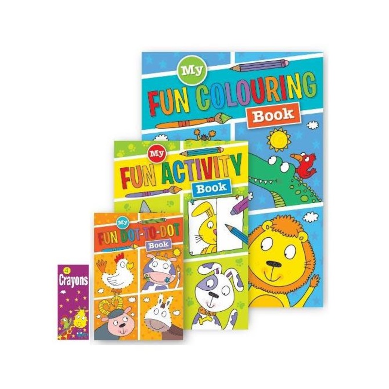 Children’s Fun Activity Spiral Colouring book x 3 With 1 Pack Crayons P2802 (Parcel Rate)