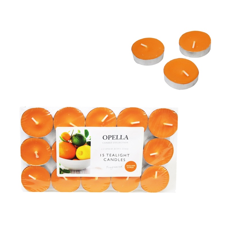 Beautifully Scented Opella Sicilian Citrus 12 Tealight Candles 3.5 Hour Burn Time CD001S (Parcel Rate)