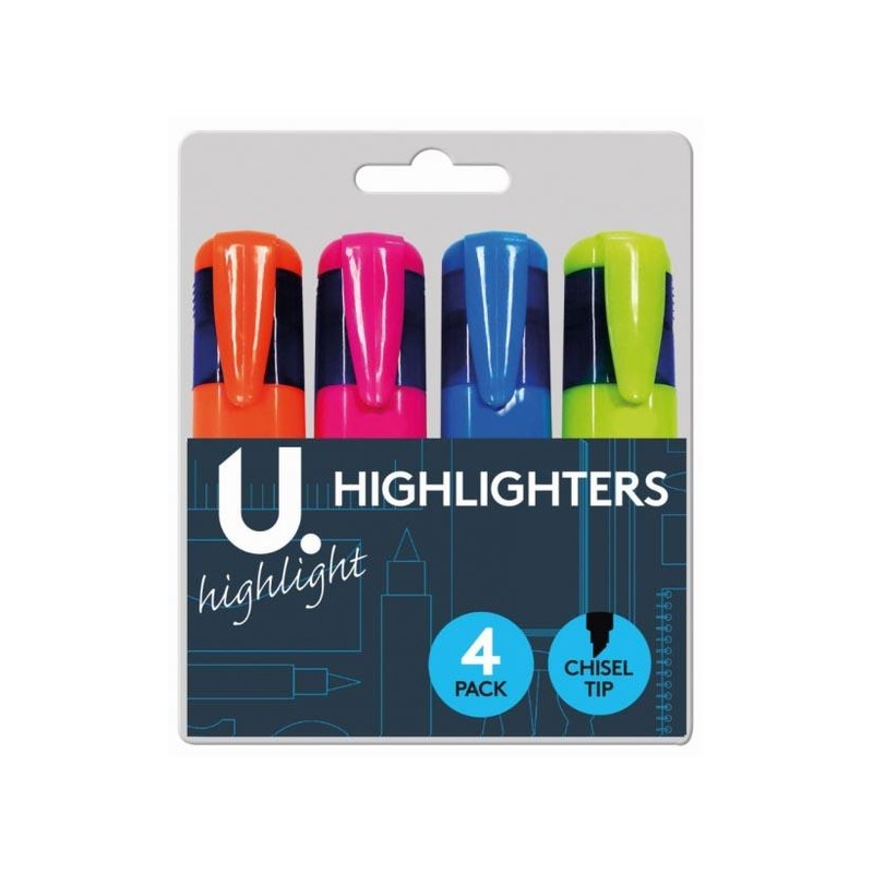 Assorted Colour 4 Pack Highlighters Chisel Tip School Office Highlighters P2317 (Large Letter Rate)