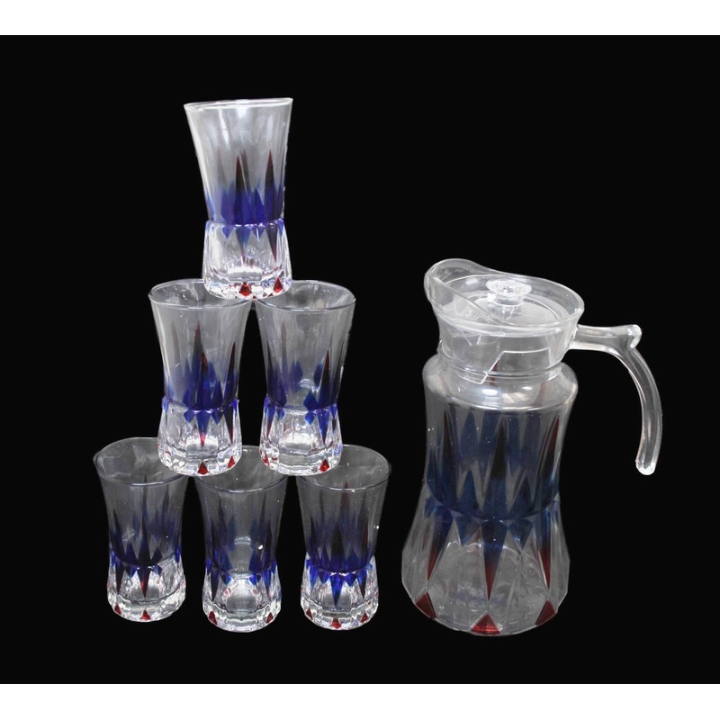 7 Piece Glassware Set Water Jug and 6 glasses Tumblers Coloured Effect Juice Jug 6335 (Big Parcel Rate)
