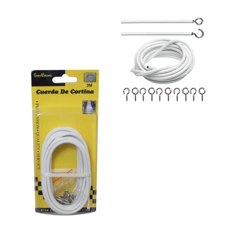 Net Curtain Wire White Window Cord Cable With Hooks Indoor Outdoor 3m Cable 6094 (Parcel Rate)