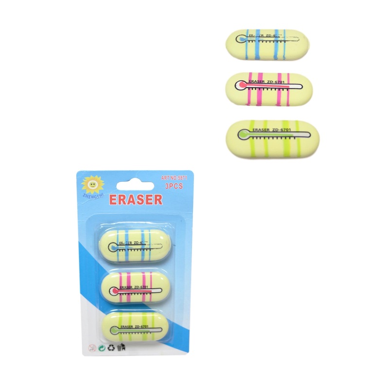 Stationary School Eraser Rubber Thermometer Themed 5 x 0.5 cm Pack of 3 Assorted Colours 5871 (Large Letter Rate)