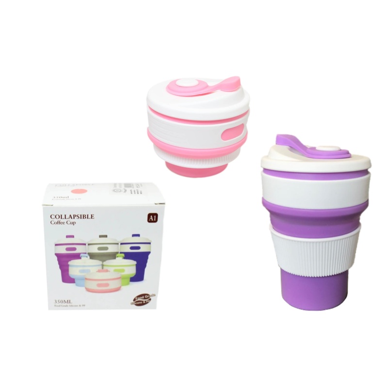 Collapsible Compact Silicone Travel Coffee Drink Cup Mug 350ml Assorted Colours 6013 (Parcel Rate)