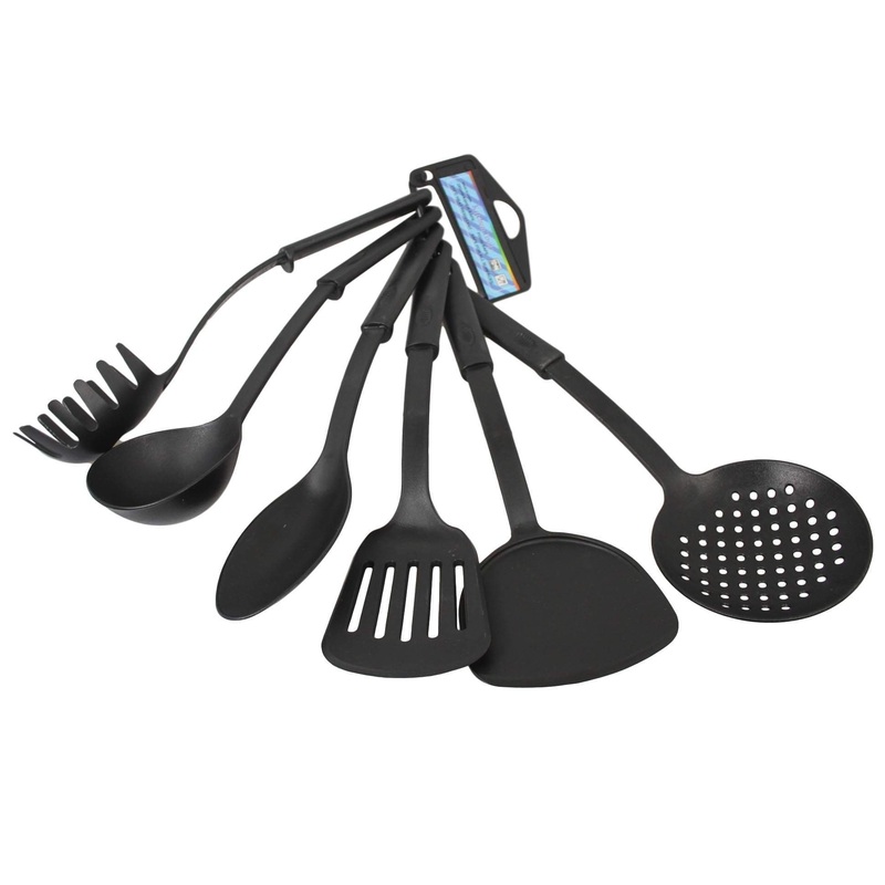Plastic Assorted Kitchen Cooking Utensils Black 30 cm Set of 6 1901 (Parcel Rate)