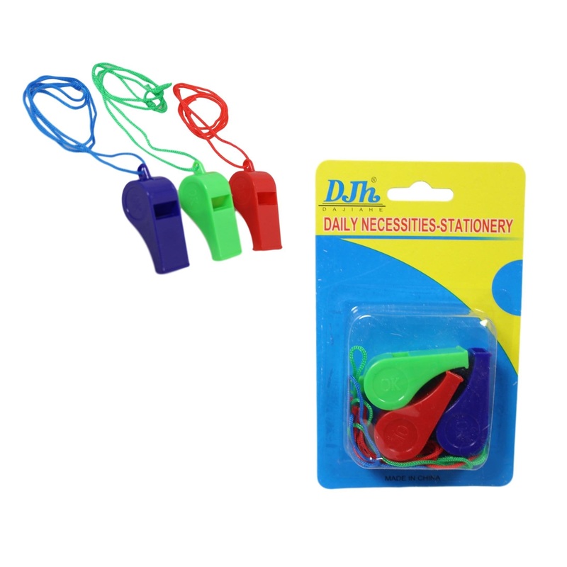 Plastic Whistles with Neck Cord Pack of 3 Assorted Colours 5564 A (Parcel Rate)