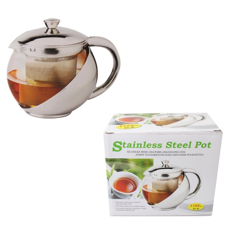 Stainless Steel and Glass Teapot with Mesh Strainer Filter 1100ml 2349 (Parcel Rate)