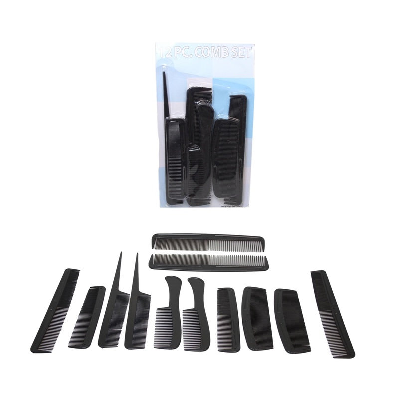 Black Plastic Hairdresser Barber Salon Comb Set of 12 Assorted Combs 6017 (Large Letter Rate)