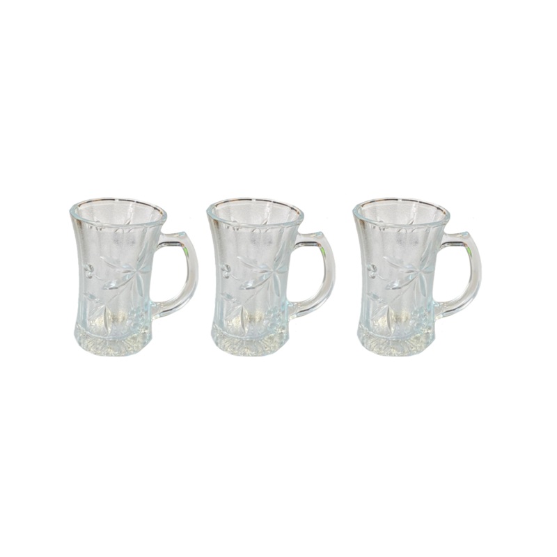 Amissa Tea Glass Cups with Handle and Floral Grape Design 171ml Set of 3 1542 (Parcel Plus Rate)