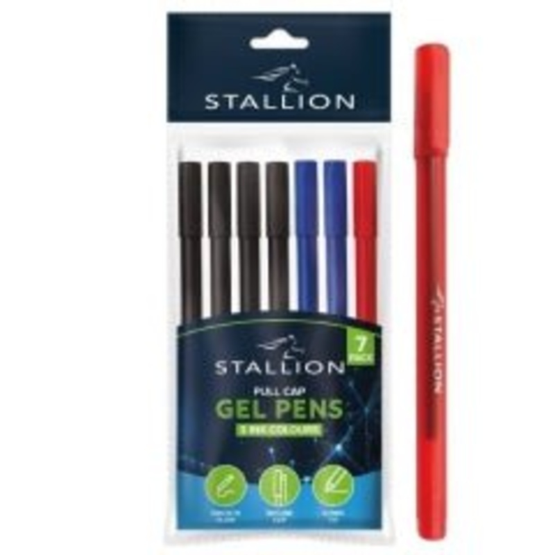 Pull Cap Gel Pens Pack Of 7 Assorted Colours P3058 (Parcel Rate)