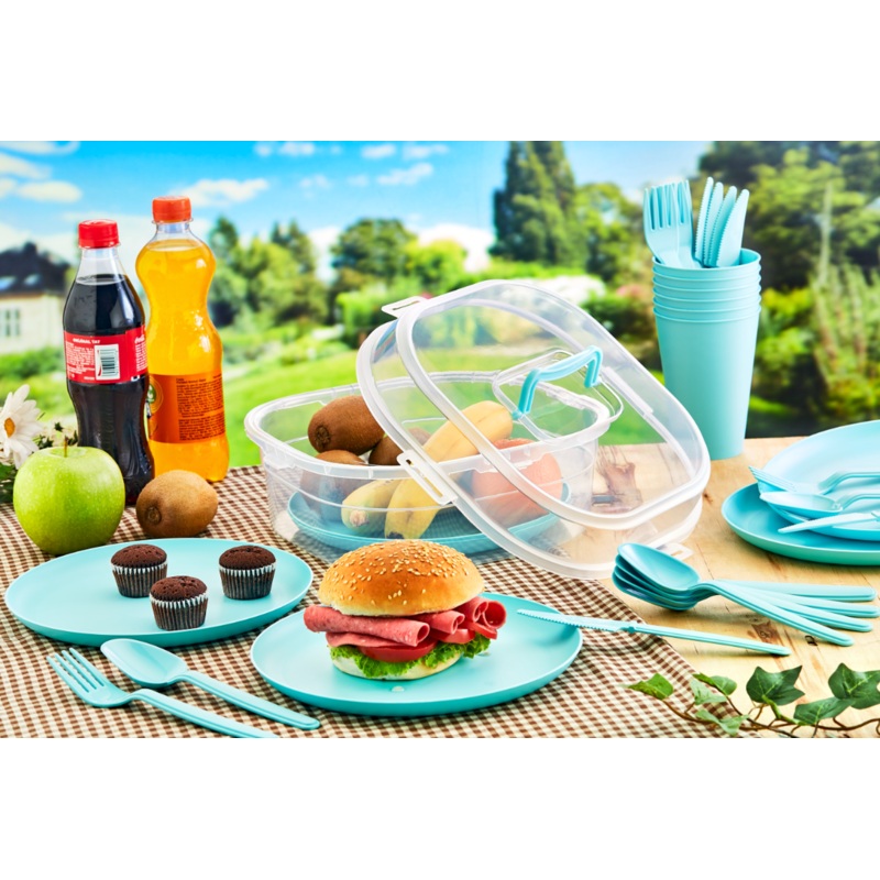 Plastic Picnic Camping Party Dinner Plate Mug Cutlery Storage Box Set of 32 Assorted Colours AK579 (Parcel Rate)