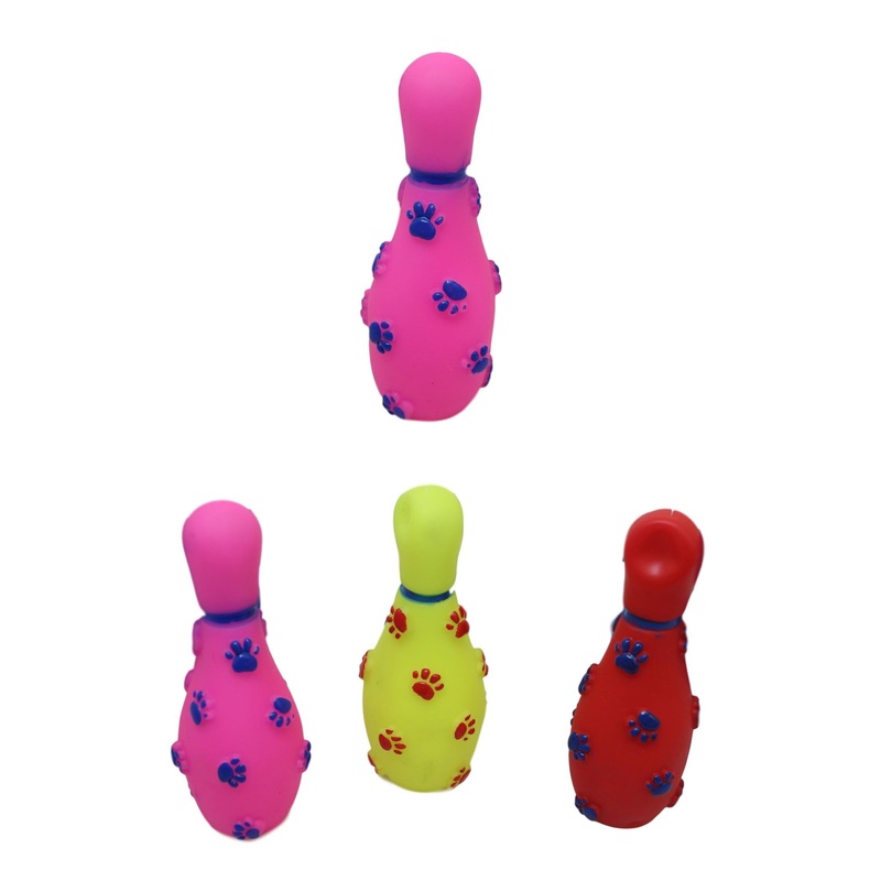 Pet Dog Toy Squeaky Bowling Pin with Paw Print 14 cm Assorted Colours 6043 (Parcel Rate)