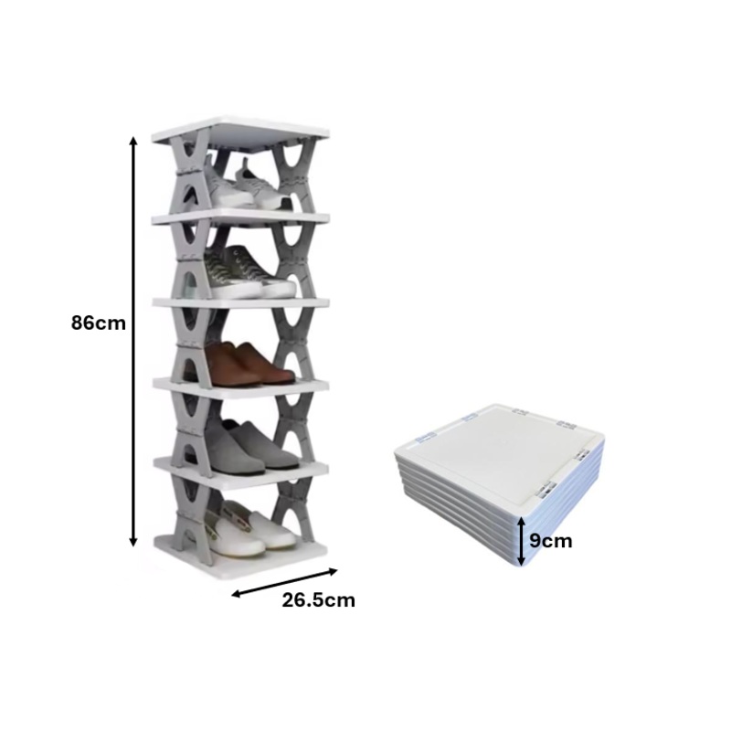 Foldable Collapsible Plastic Shoe Shelf Storage Rack 6 Tier 26.5 x 18.5cm Assorted Colours 7884 (Parcel Rate)