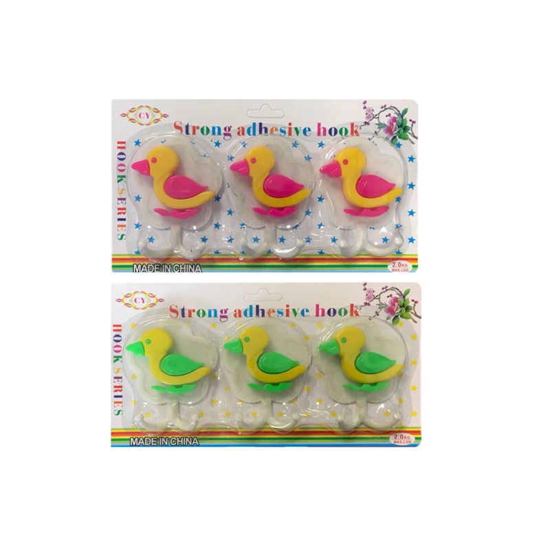 Plastic Stick On Adhesive Bathroom Hooks Duck Design 3pc Assorted Colours 5192 (Parcel rate)