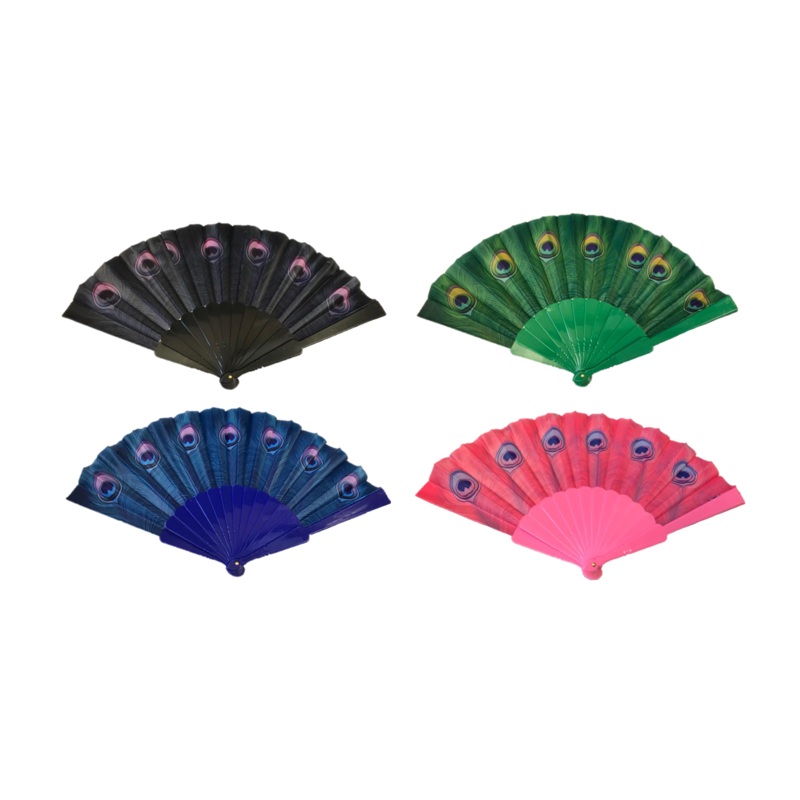 Plastic Chinese Folding Hand Fan Printed Peacock Feather Design 23 x 38 cm Assorted Colours 7348 (Parcel Rate)