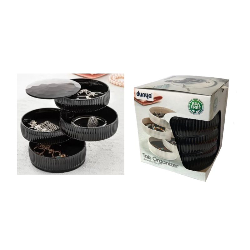Taki Round 4 Tier Plastic Jewellery Accessory Organiser 12 x 11 cm Ribbed Design Black D07416 (Parcel Rate)