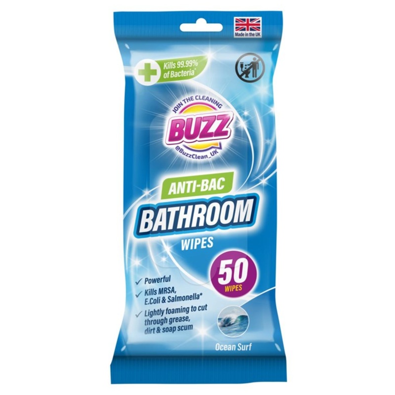 Buzz Bathroom Antibacterial Wipes 50 Pack Ocean 321594 (Parcel Rate)