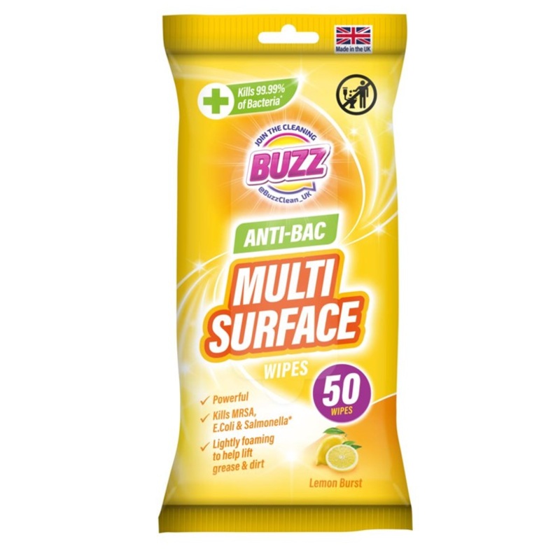 Buzz Multi Surface Antibacterial Wipes 50 Pack Lemon 321592 (Parcel Rate)