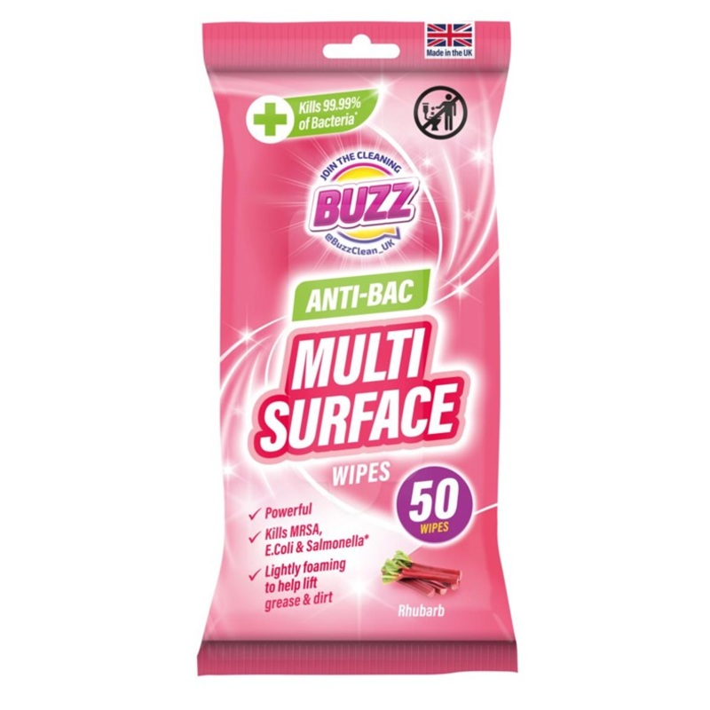 Buzz Multi Surface Antibacterial Wipes 50 Pack Rhubarb 321593 (Parcel Rate)