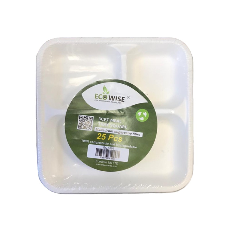Square 3 Compartment Food Tray Pack of 25 EC1666 (Parcel Rate)
