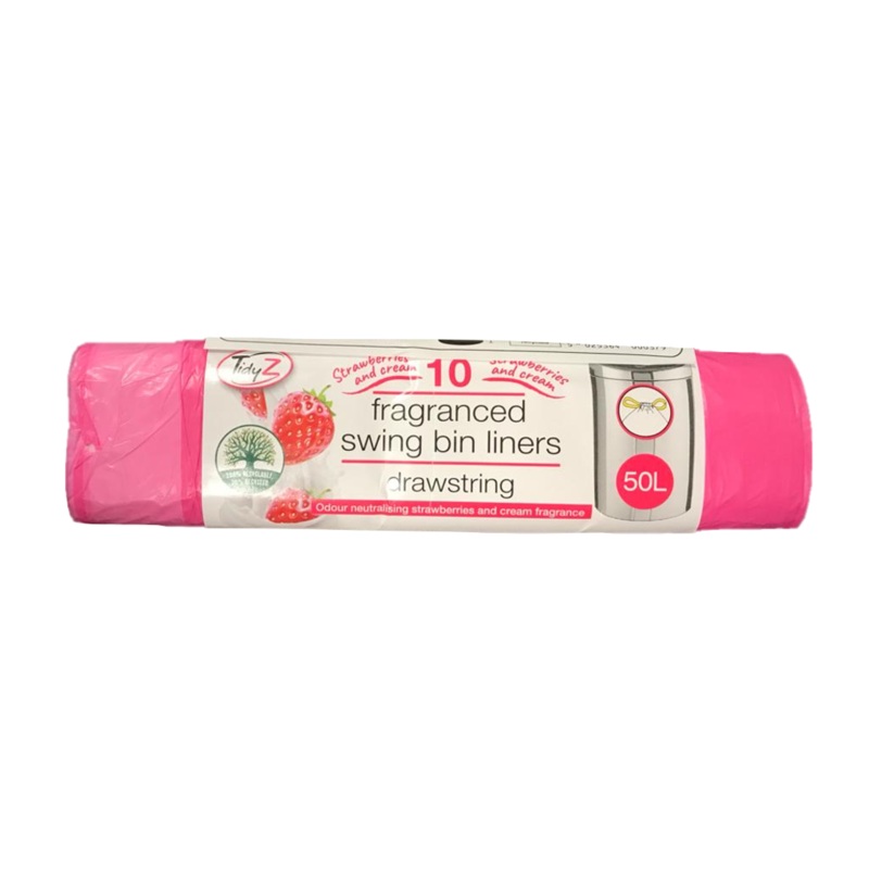 Strawberry and Cream Fragranced Drawstring Pedal Bin Bag Liners with Drawstring 50L 76 x 124 cm Roll of 10 B0037 (Parcel Rate)