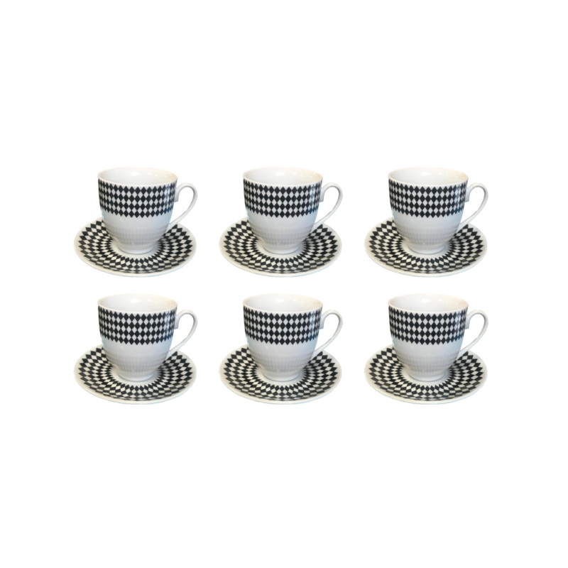 Coffee Tea Cup Mug Set with Saucers Set of 12 Black / White Assorted Designs 7526 (Parcel Plus Rate)