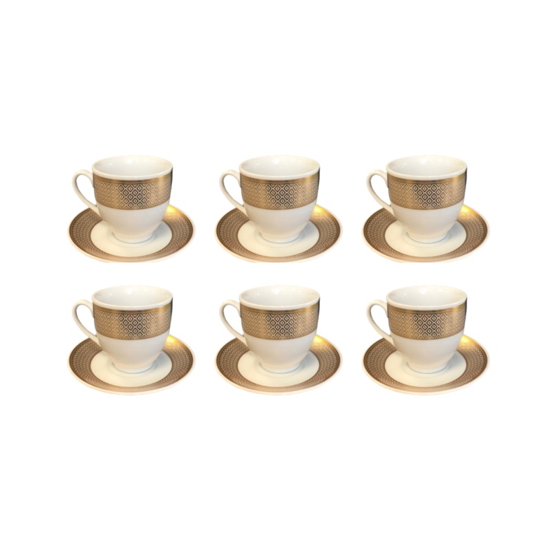 Coffee Tea Cup Set with Saucers Set of 12 Gold / White Assorted Designs 7518 (Parcel Plus  Rate)