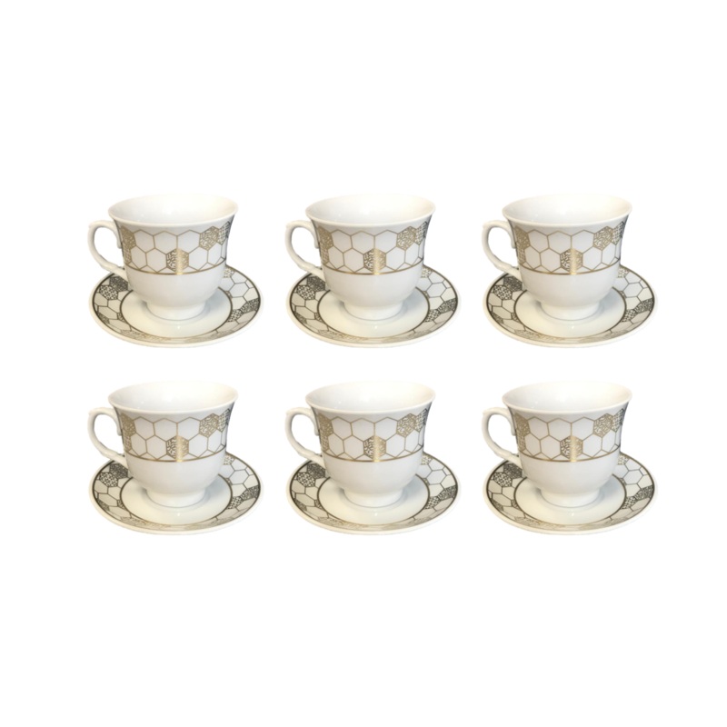 Coffee Tea Cup Set with Saucers Set of 12 Gold / White Assorted Designs 7528 (Parcel Plus  Rate)