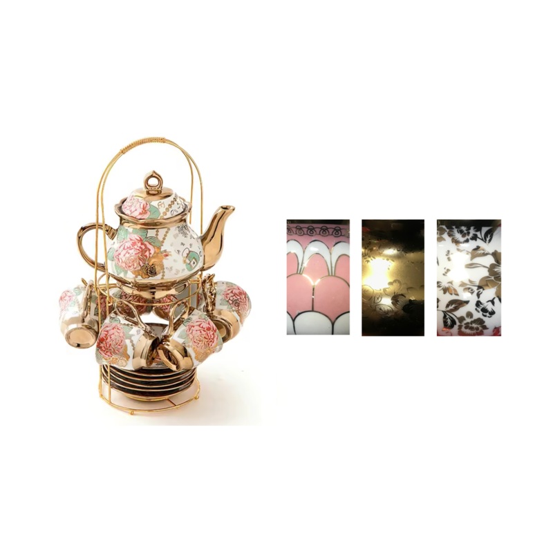 Teapot and Tea Cup Set with Saucers and Stand Set of 13 Assorted Designs 7517 (Parcel Plus Rate)