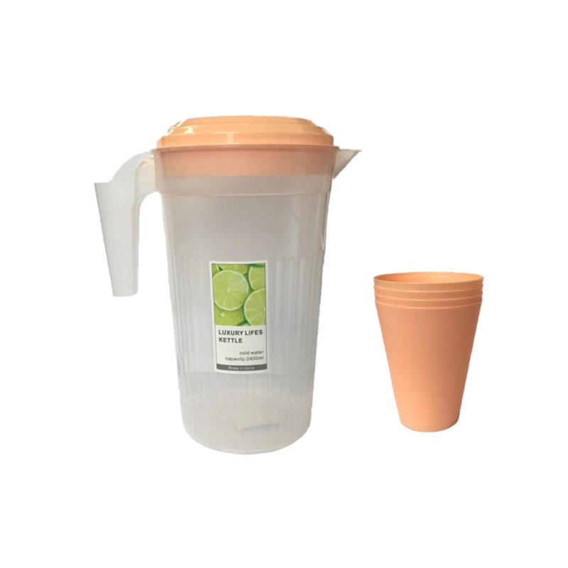 Transparent Plastic Water Juice Pitcher Jug with Cups 2400ml Assorted Colours 7435 (Parcel Rate)